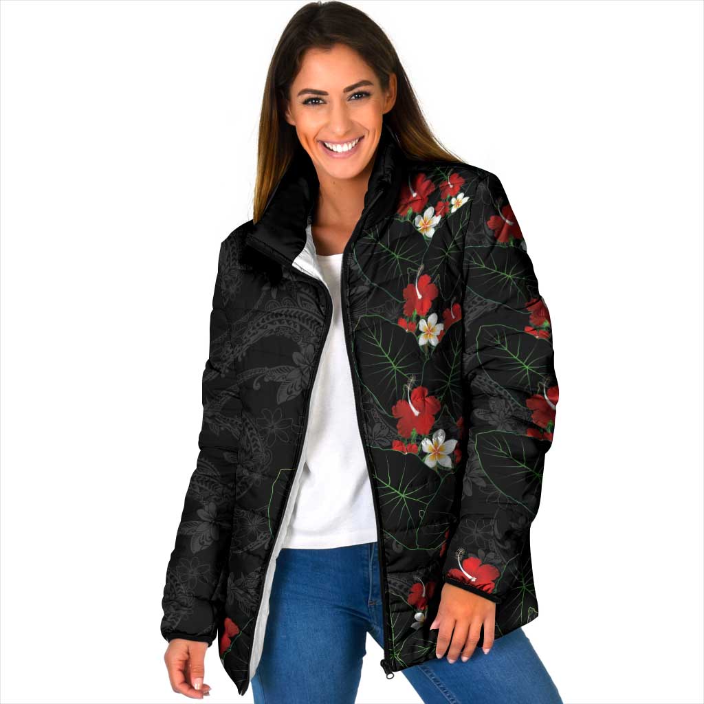 Hawaiian Taro Leaves-Hibiscus and Plumeria Padded Jacket Floral Tribal Tattoo Motif