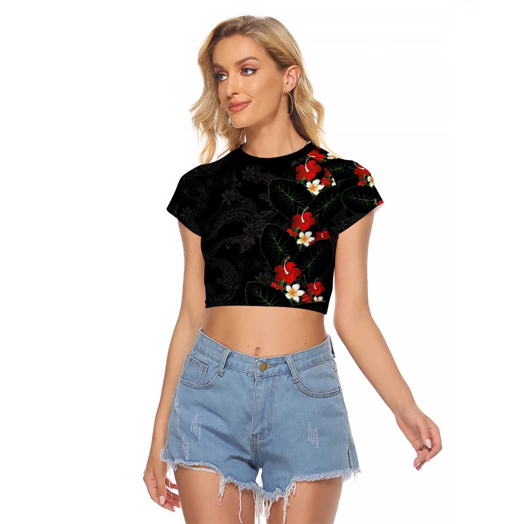 Hawaiian Taro Leaves-Hibiscus and Plumeria Raglan Cropped T Shirt Floral Tribal Tattoo Motif LT03 Female Black - Polynesian Pride
