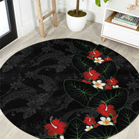 Hawaiian Taro Leaves-Hibiscus and Plumeria Round Carpet Floral Tribal Tattoo Motif LT03 Black - Polynesian Pride