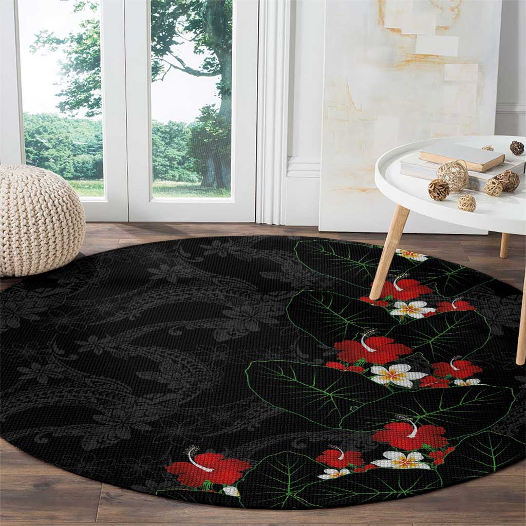 Hawaiian Taro Leaves-Hibiscus and Plumeria Round Carpet Floral Tribal Tattoo Motif LT03 - Polynesian Pride