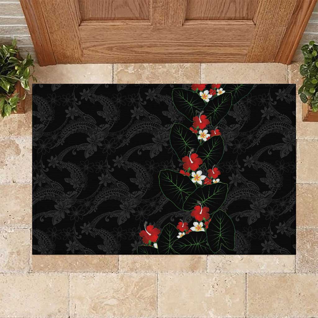 Hawaiian Taro Leaves-Hibiscus and Plumeria Rubber Doormat Floral Tribal Tattoo Motif LT03 Black - Polynesian Pride