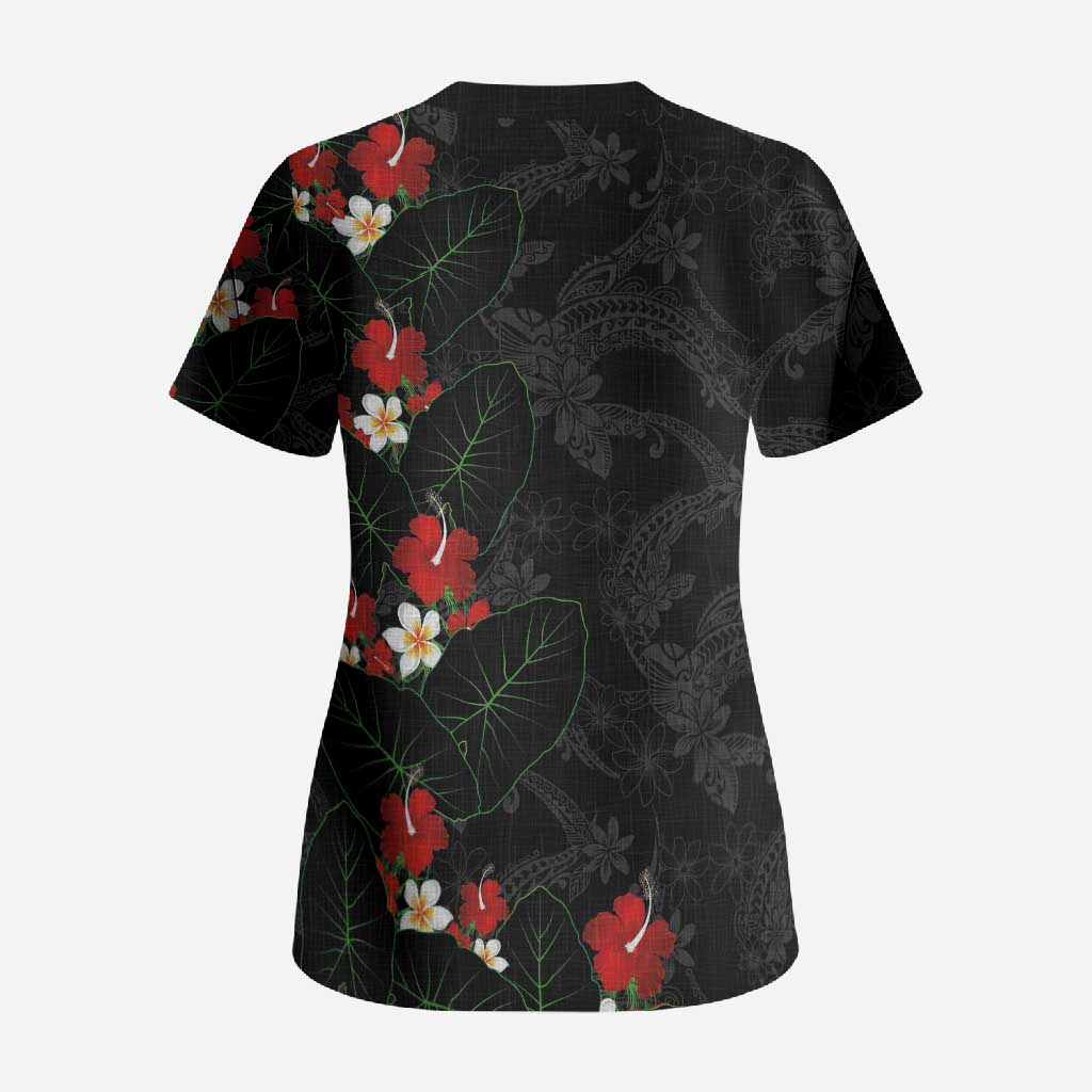 Hawaiian Taro Leaves-Hibiscus and Plumeria Scrub Top Floral Tribal Tattoo Motif