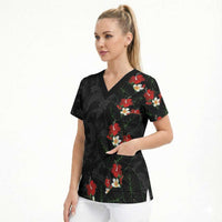 Hawaiian Taro Leaves-Hibiscus and Plumeria Scrub Top Floral Tribal Tattoo Motif