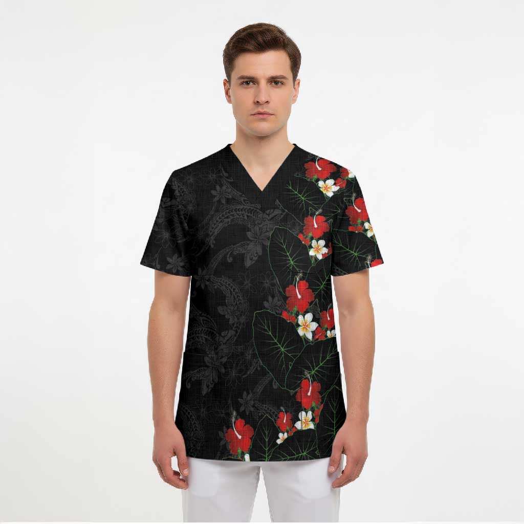 Hawaiian Taro Leaves-Hibiscus and Plumeria Scrub Top Floral Tribal Tattoo Motif
