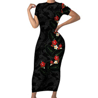 Hawaiian Taro Leaves-Hibiscus and Plumeria Short Sleeve Bodycon Dress Floral Tribal Tattoo Motif LT03 Long Dress Black - Polynesian Pride