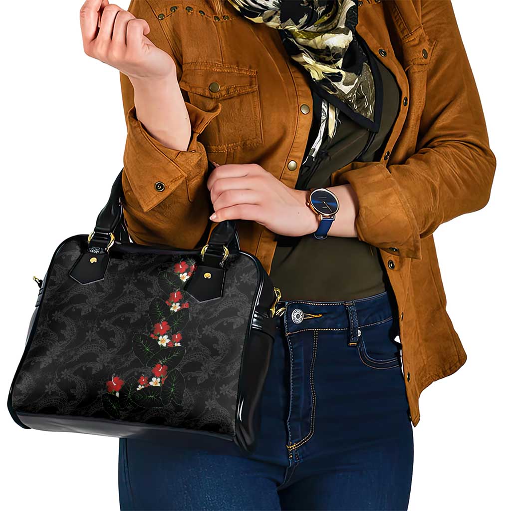 Hawaiian Taro Leaves-Hibiscus and Plumeria Shoulder Handbag Floral Tribal Tattoo Motif LT03 - Polynesian Pride