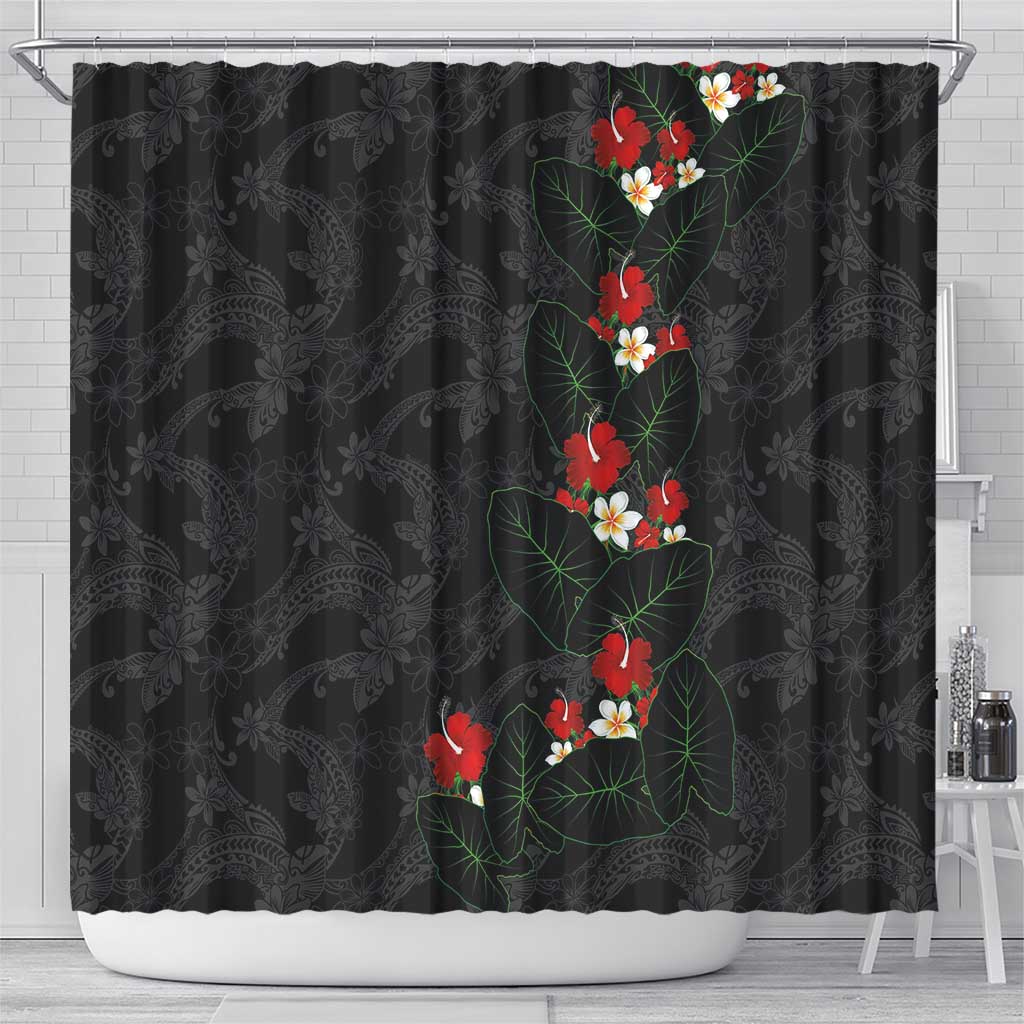 Hawaiian Taro Leaves-Hibiscus and Plumeria Shower Curtain Floral Tribal Tattoo Motif LT03 - Polynesian Pride