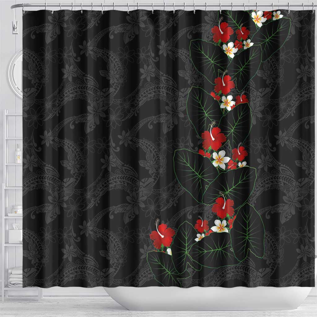 Hawaiian Taro Leaves-Hibiscus and Plumeria Shower Curtain Floral Tribal Tattoo Motif LT03 - Polynesian Pride