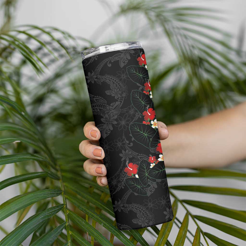 Hawaiian Taro Leaves-Hibiscus and Plumeria Skinny Tumbler Floral Tribal Tattoo Motif LT03 - Polynesian Pride