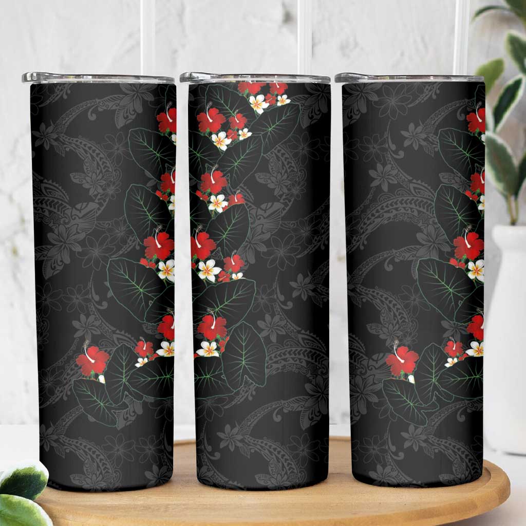 Hawaiian Taro Leaves-Hibiscus and Plumeria Skinny Tumbler Floral Tribal Tattoo Motif LT03 - Polynesian Pride