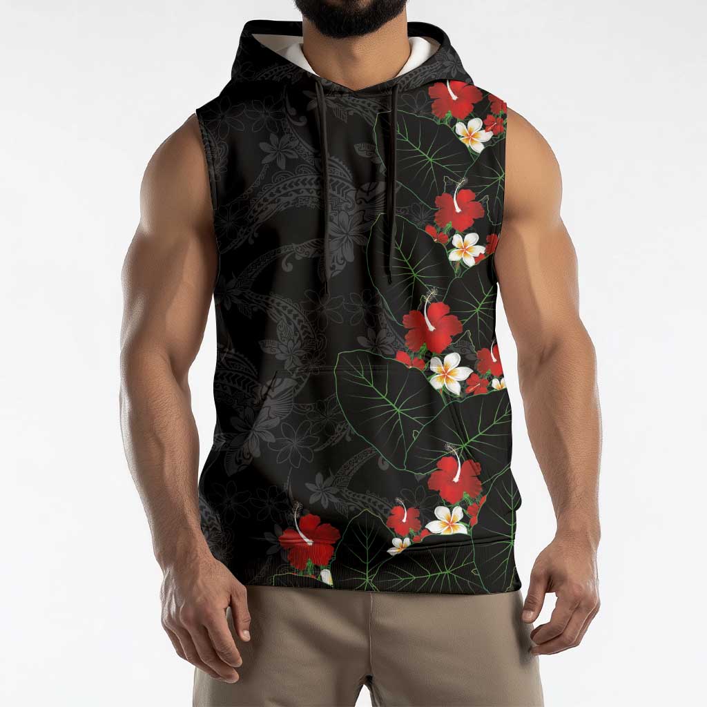 Hawaiian Taro Leaves-Hibiscus and Plumeria Sleeveless Hoodie Floral Tribal Tattoo Motif LT03 - Polynesian Pride