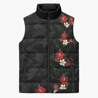 Hawaiian Taro Leaves-Hibiscus and Plumeria Sleeveless Puffer Jacket Floral Tribal Tattoo Motif LT03 Unisex Black - Polynesian Pride