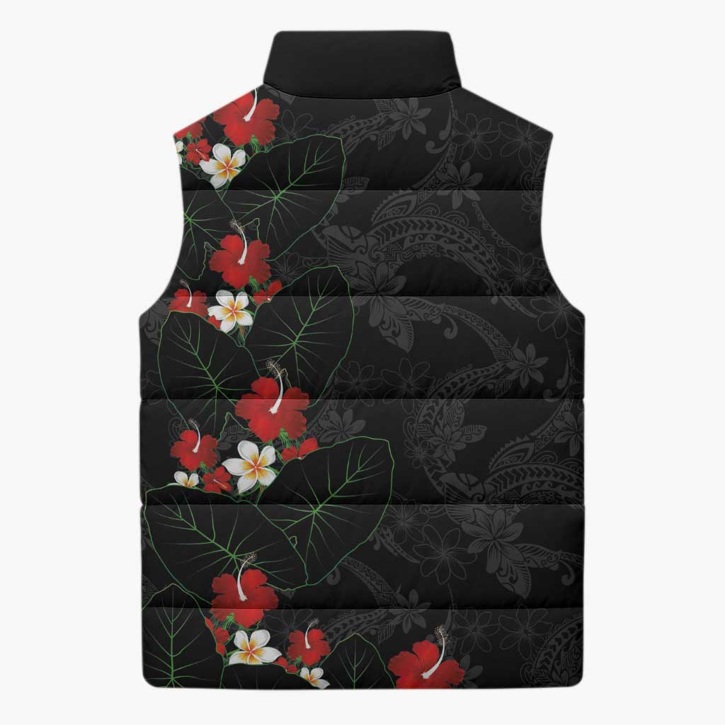Hawaiian Taro Leaves-Hibiscus and Plumeria Sleeveless Puffer Jacket Floral Tribal Tattoo Motif LT03 - Polynesian Pride