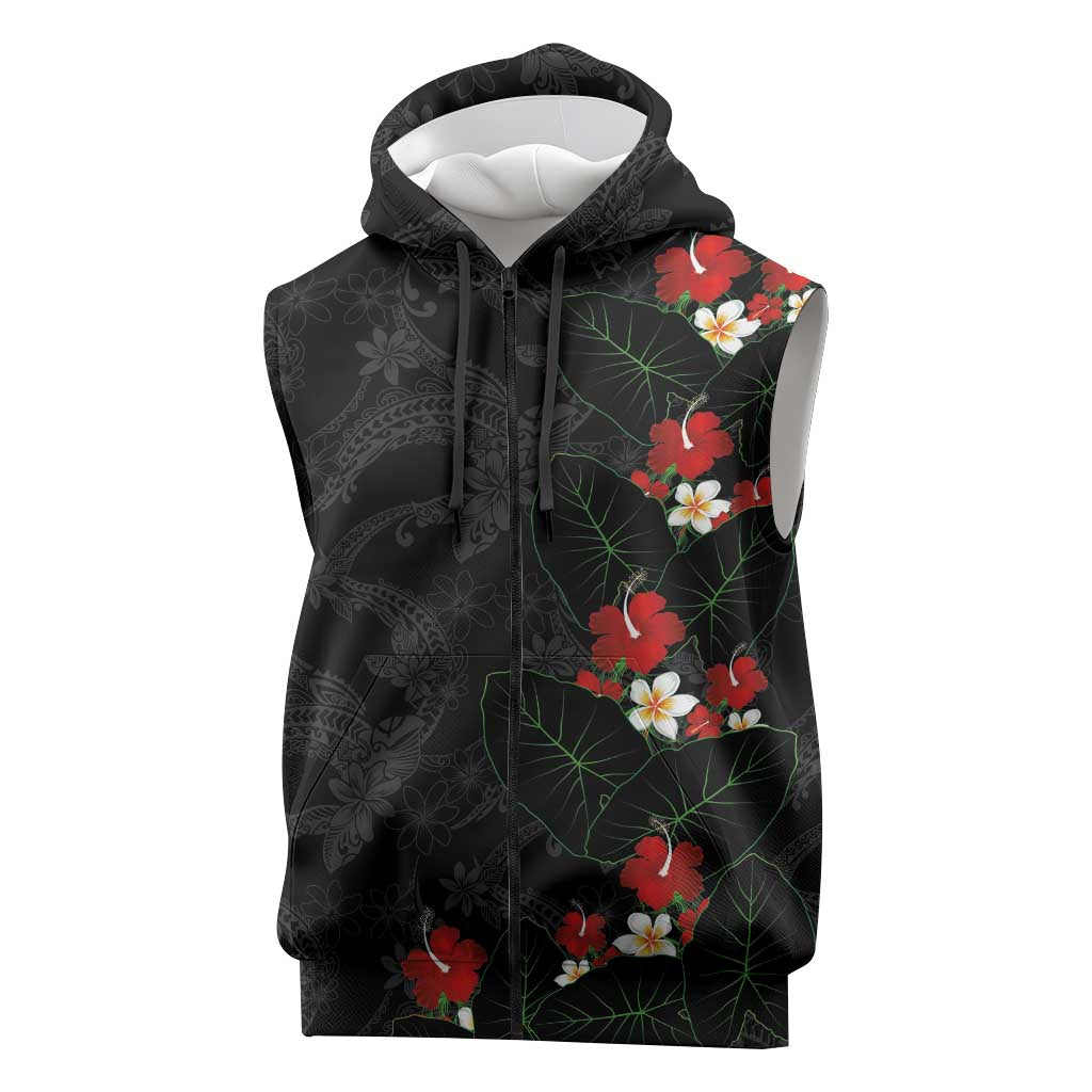 Hawaiian Taro Leaves-Hibiscus and Plumeria Sleeveless Zip Hoodie Floral Tribal Tattoo Motif