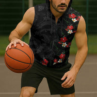 Hawaiian Taro Leaves-Hibiscus and Plumeria Sleeveless Zip Hoodie Floral Tribal Tattoo Motif LT03 - Polynesian Pride