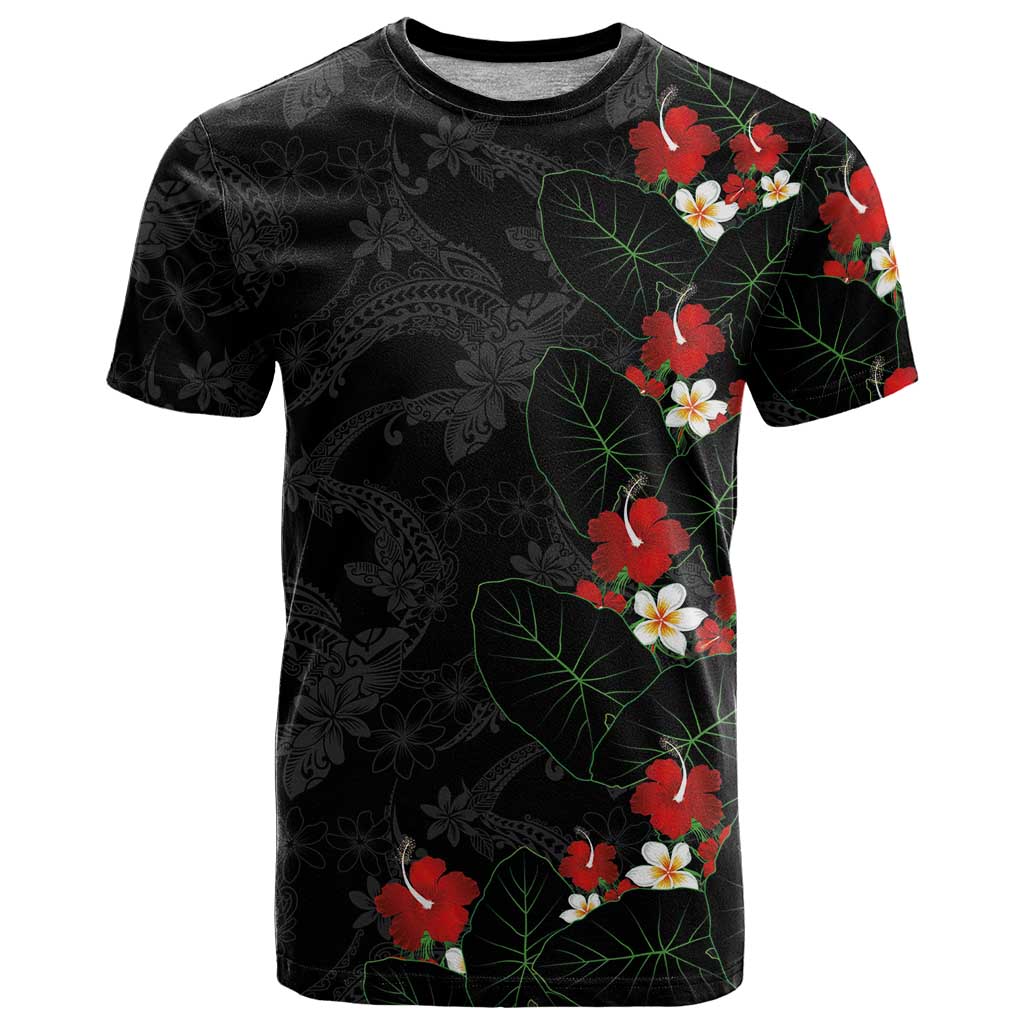 Hawaiian Taro Leaves-Hibiscus and Plumeria T Shirt Floral Tribal Tattoo Motif LT03 Black - Polynesian Pride