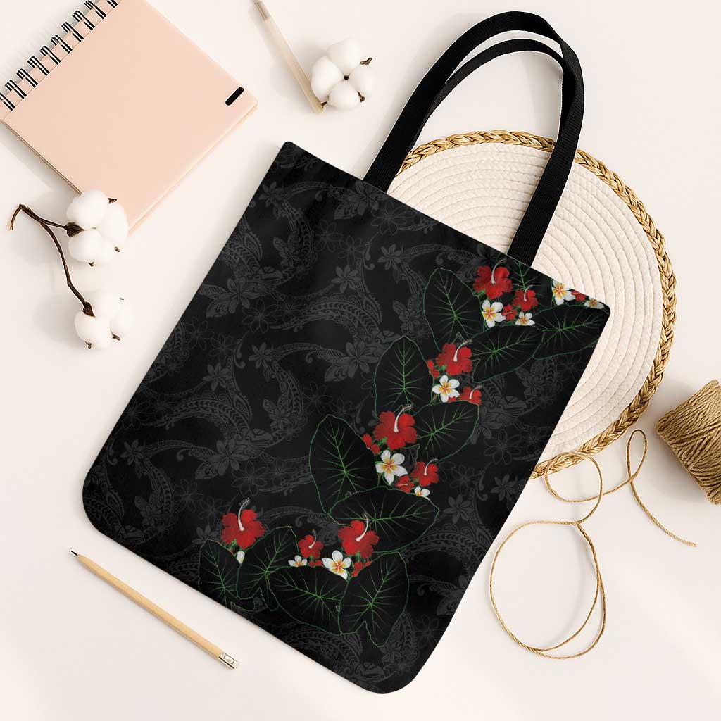Hawaiian Taro Leaves-Hibiscus and Plumeria Tote Bag Floral Tribal Tattoo Motif LT03 Black Strap One Size Black - Polynesian Pride