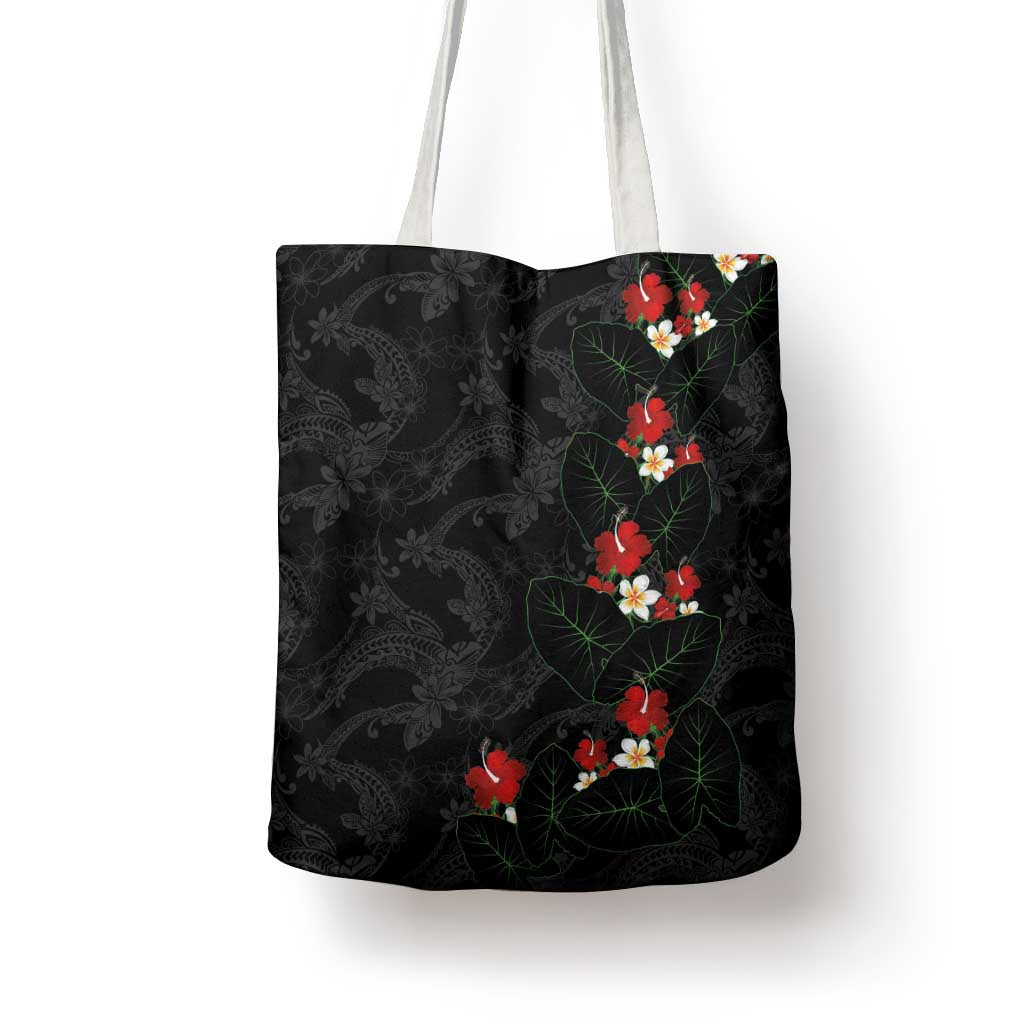 Hawaiian Taro Leaves-Hibiscus and Plumeria Tote Bag Floral Tribal Tattoo Motif LT03 - Polynesian Pride