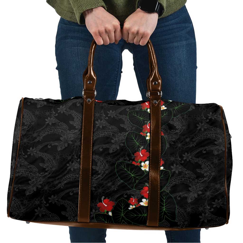 Hawaiian Taro Leaves-Hibiscus and Plumeria Travel Bag Floral Tribal Tattoo Motif LT03 Black - Polynesian Pride
