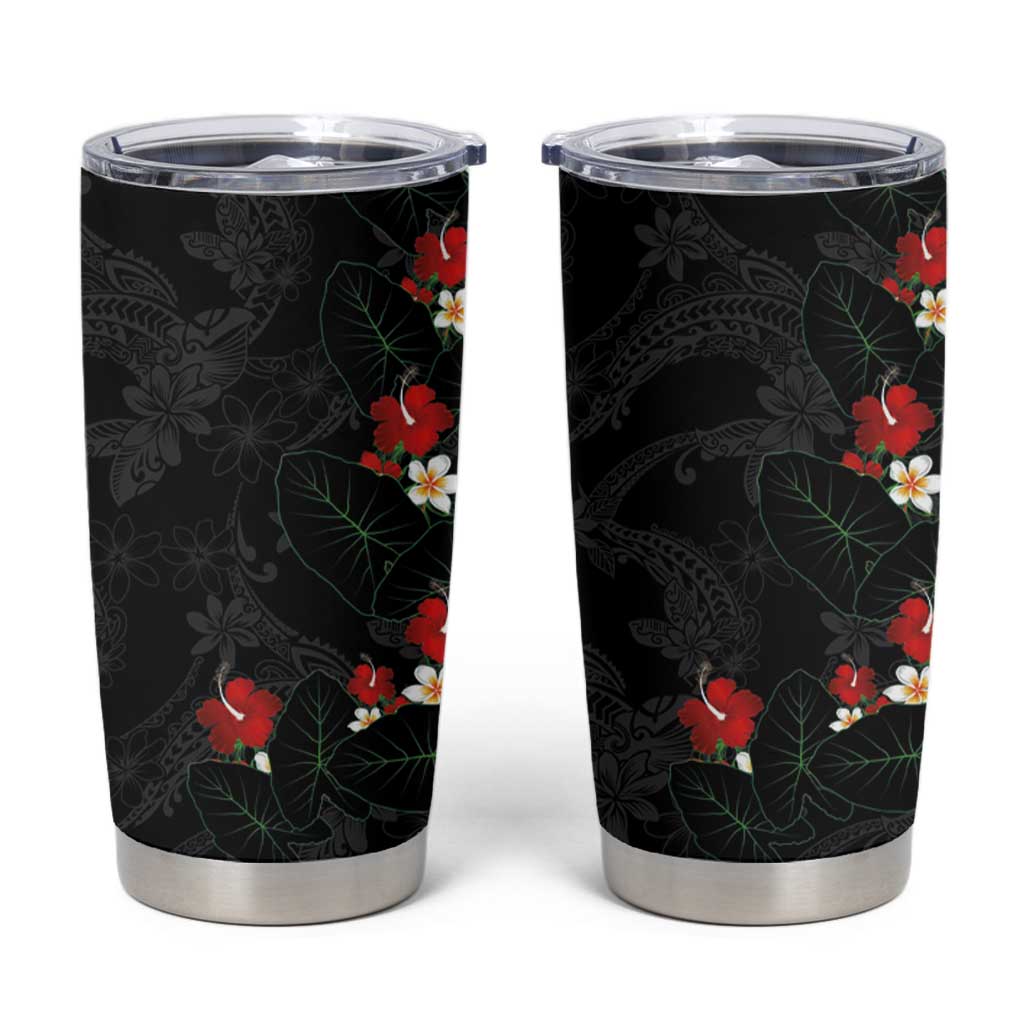 Hawaiian Taro Leaves-Hibiscus and Plumeria Tumbler Cup Floral Tribal Tattoo Motif LT03 Black - Polynesian Pride