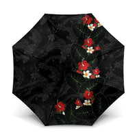 Hawaiian Taro Leaves-Hibiscus and Plumeria Umbrella Floral Tribal Tattoo Motif LT03 One Size Folded 11.42 inch Opened Diameter 37.4 inch Black - Polynesian Pride