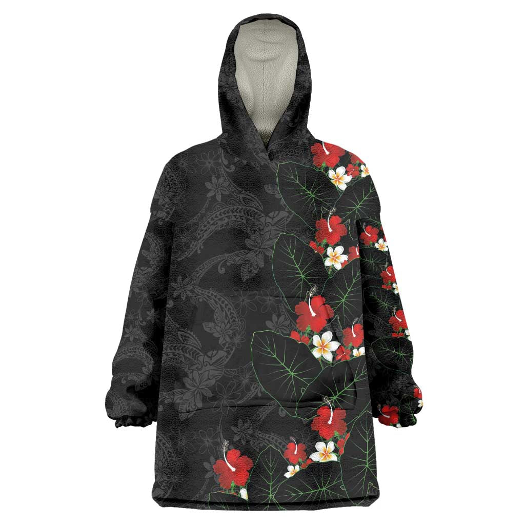 Hawaiian Taro Leaves-Hibiscus and Plumeria Wearable Blanket Hoodie Floral Tribal Tattoo Motif LT03 One Size Black - Polynesian Pride