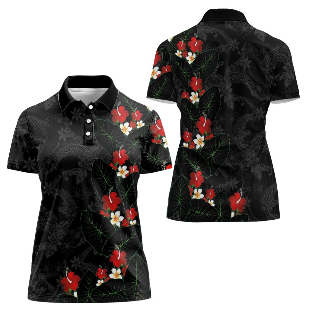 Hawaiian Taro Leaves-Hibiscus and Plumeria Women Polo Shirt Floral Tribal Tattoo Motif LT03 - Polynesian Pride