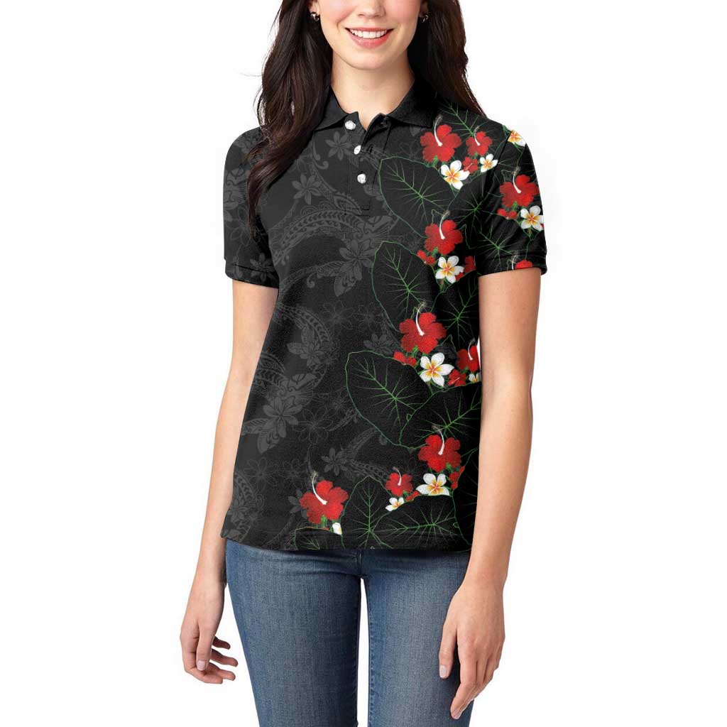 Hawaiian Taro Leaves-Hibiscus and Plumeria Women Polo Shirt Floral Tribal Tattoo Motif LT03 - Polynesian Pride