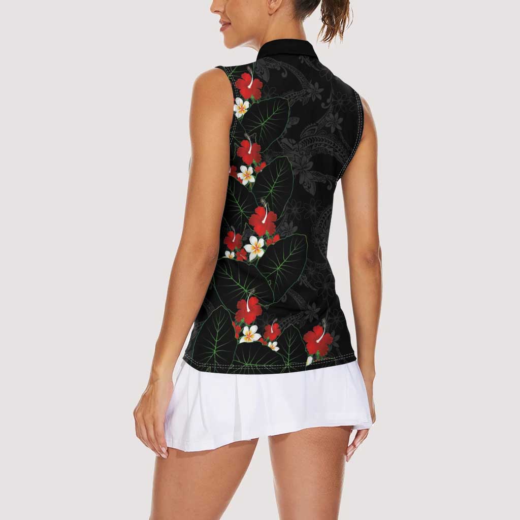 Hawaiian Taro Leaves-Hibiscus and Plumeria Women Sleeveless Polo Shirt Floral Tribal Tattoo Motif LT03 - Polynesian Pride
