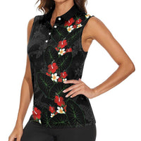 Hawaiian Taro Leaves-Hibiscus and Plumeria Women Sleeveless Polo Shirt Floral Tribal Tattoo Motif LT03 - Polynesian Pride