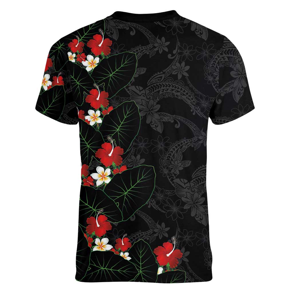 Hawaiian Taro Leaves-Hibiscus and Plumeria Women V-Neck T-Shirt Floral Tribal Tattoo Motif LT03 - Polynesian Pride