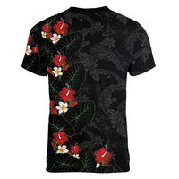 Hawaiian Taro Leaves-Hibiscus and Plumeria Women V-Neck T-Shirt Floral Tribal Tattoo Motif LT03 - Polynesian Pride