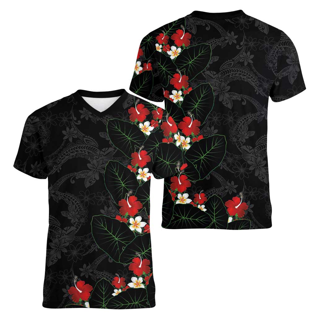 Hawaiian Taro Leaves-Hibiscus and Plumeria Women V-Neck T-Shirt Floral Tribal Tattoo Motif LT03 - Polynesian Pride