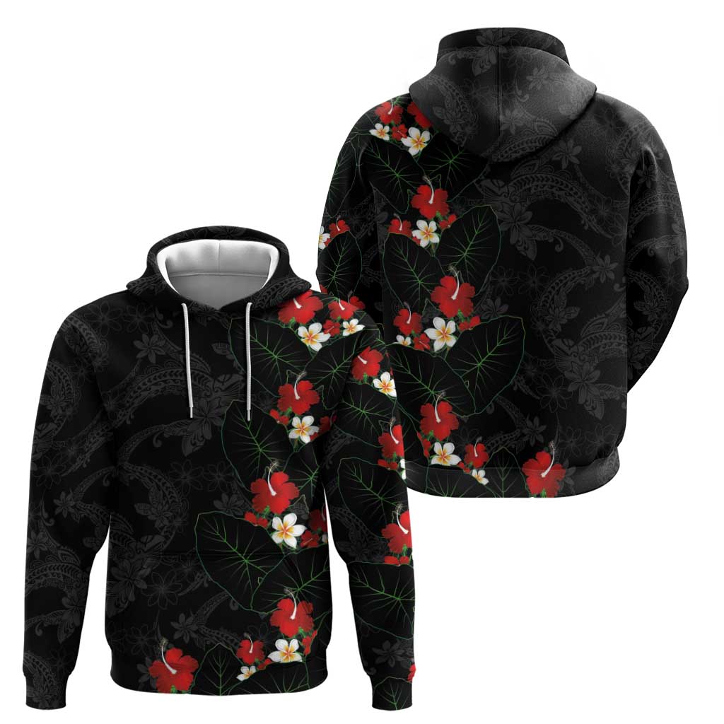Hawaiian Taro Leaves-Hibiscus and Plumeria Zip Hoodie Floral Tribal Tattoo Motif LT03 - Polynesian Pride
