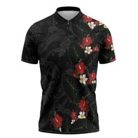 Hawaiian Taro Leaves-Hibiscus and Plumeria Zipper Polo Shirt Floral Tribal Tattoo Motif LT03 Black - Polynesian Pride