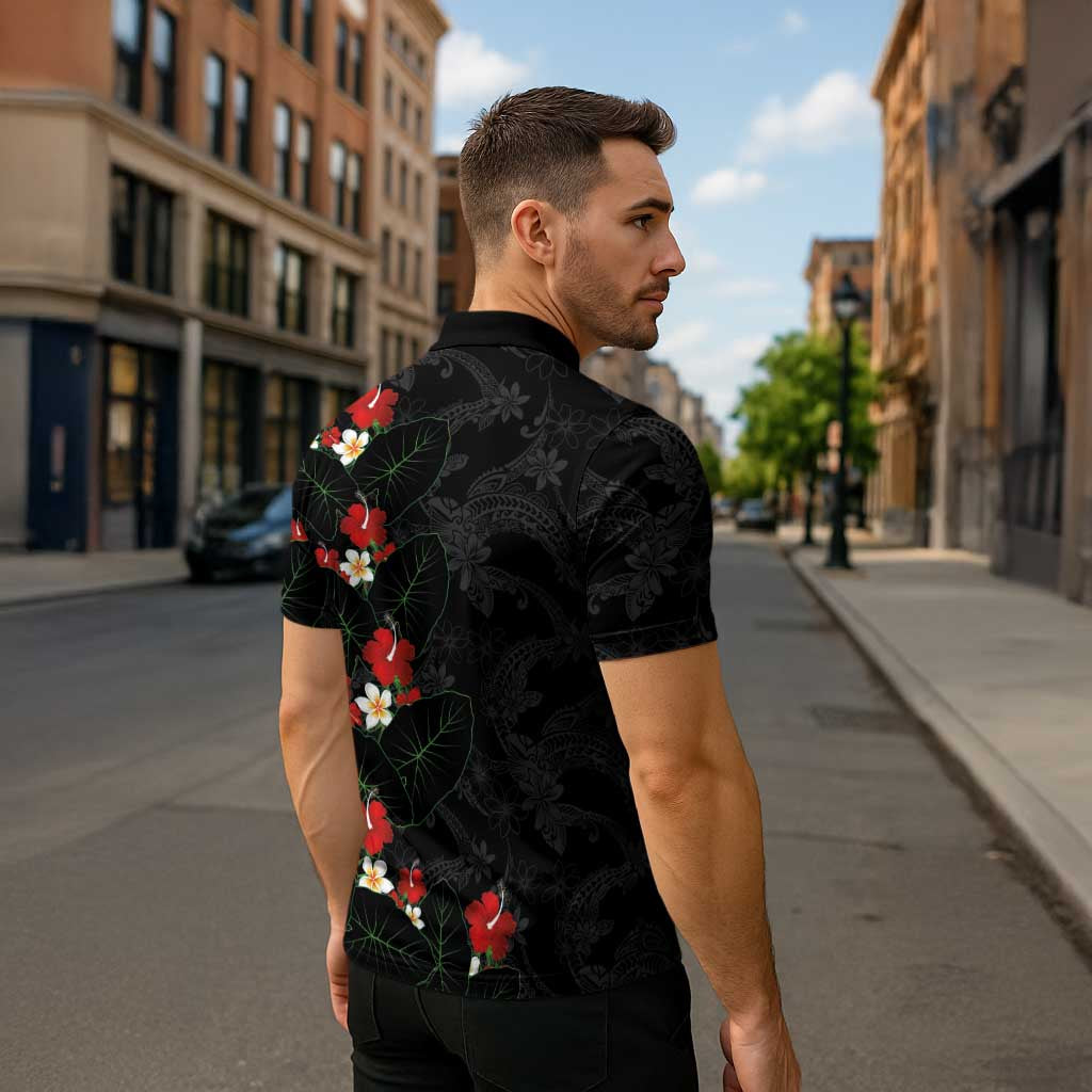 Hawaiian Taro Leaves-Hibiscus and Plumeria Zipper Polo Shirt Floral Tribal Tattoo Motif LT03 - Polynesian Pride