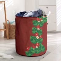 Hawaiian Taro Leaves-Hibiscus and Plumeria Laundry Basket Polynesian Art-Kakau Tattoo Red