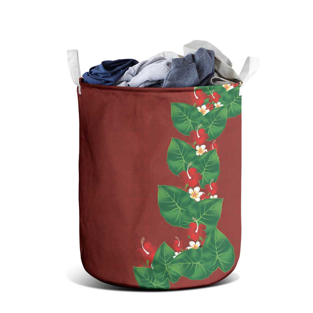 Hawaiian Taro Leaves-Hibiscus and Plumeria Laundry Basket Polynesian Art-Kakau Tattoo Red