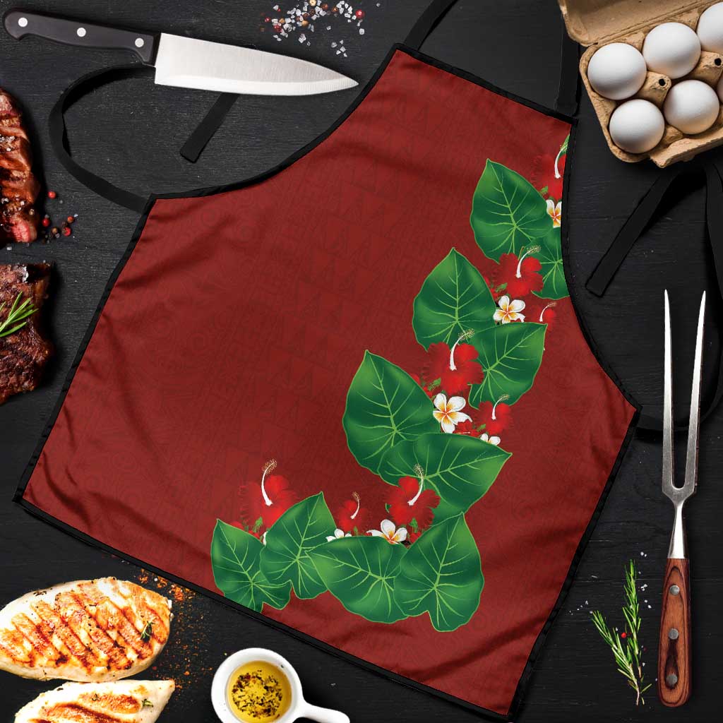 Hawaiian Taro Leaves-Hibiscus and Plumeria Apron Polynesian Art-Kakau Tattoo Red