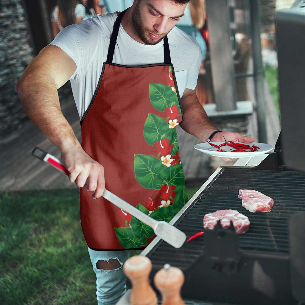 Hawaiian Taro Leaves-Hibiscus and Plumeria Apron Polynesian Art-Kakau Tattoo Red