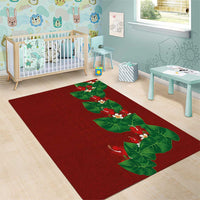 Hawaiian Taro Leaves-Hibiscus and Plumeria Area Rug Polynesian Art-Kakau Tattoo Red