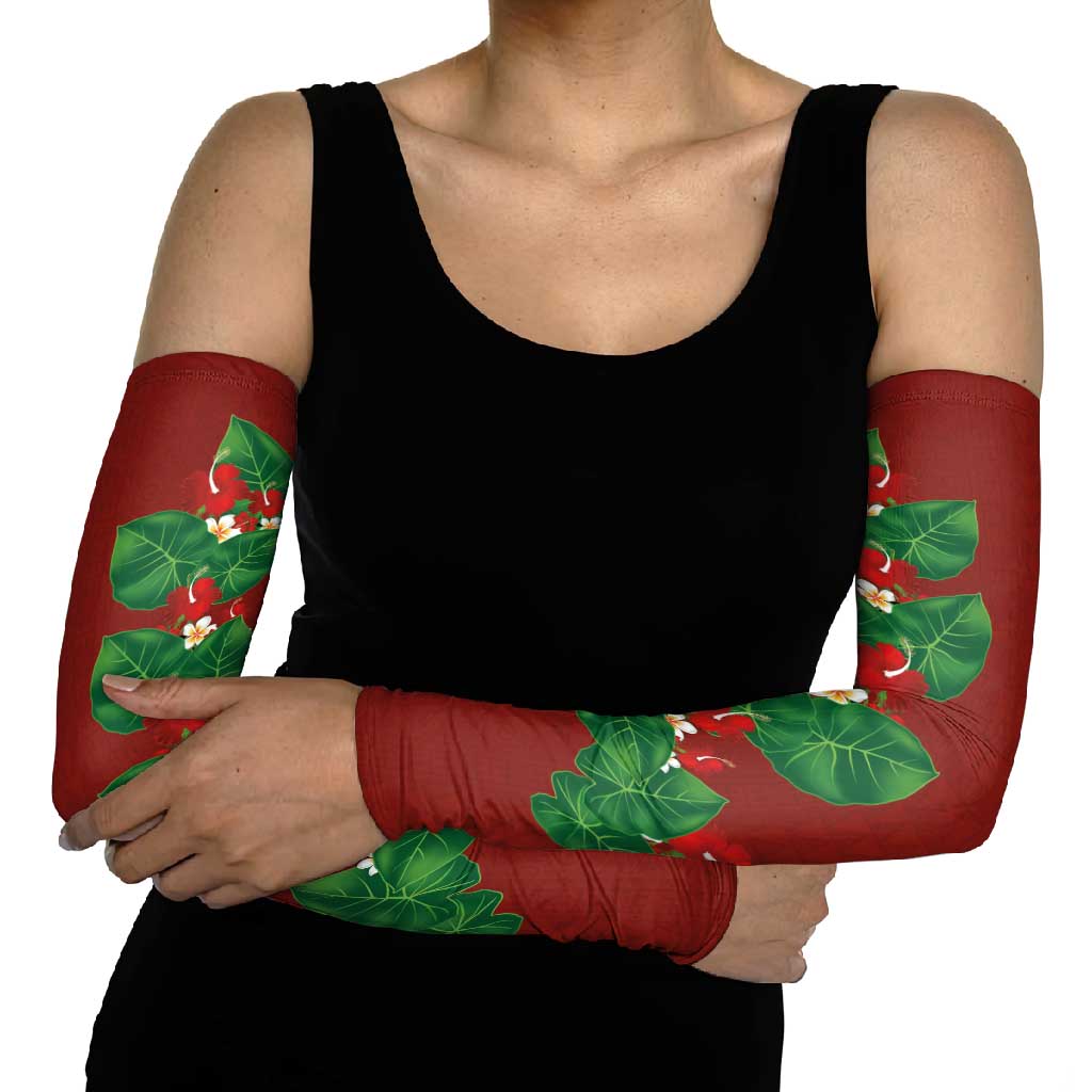 Hawaiian Taro Leaves-Hibiscus and Plumeria Arm Sleeves Polynesian Art-Kakau Tattoo Red