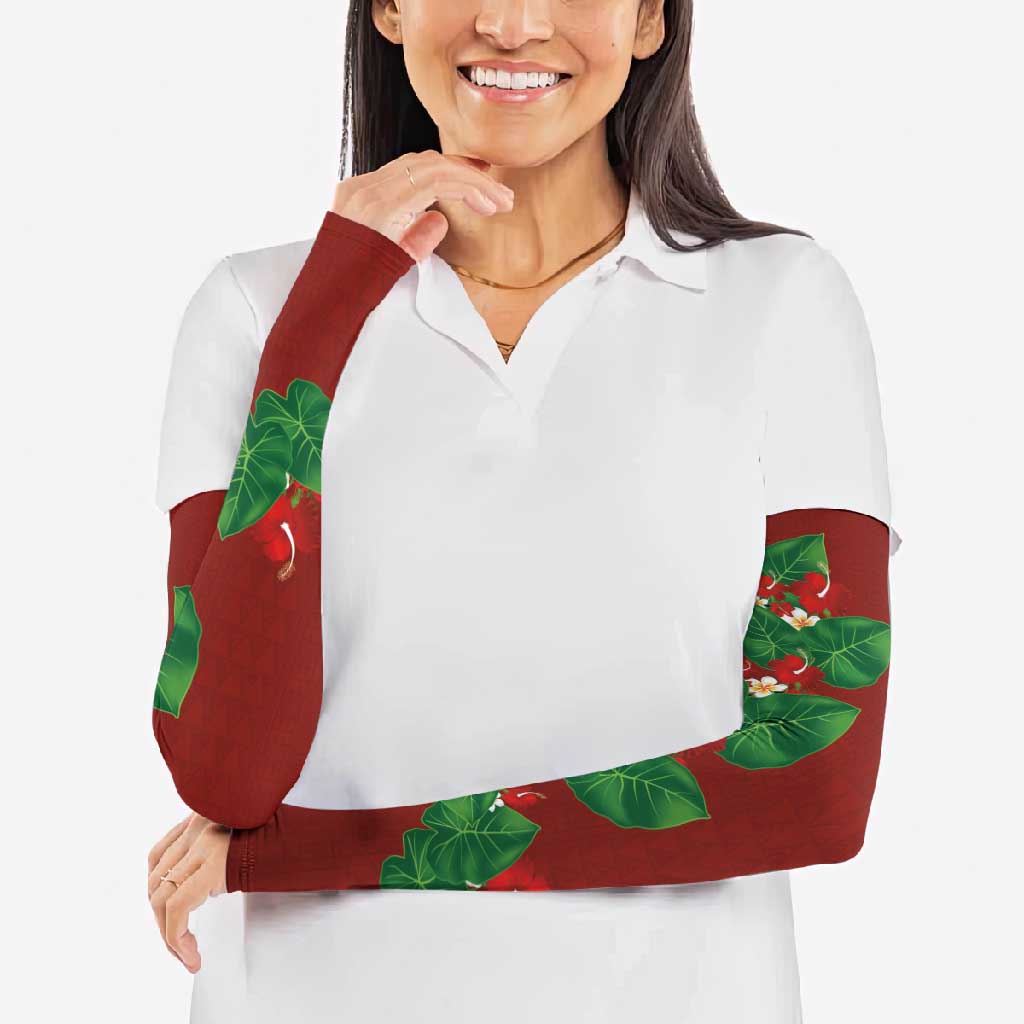 Hawaiian Taro Leaves-Hibiscus and Plumeria Arm Sleeves Polynesian Art-Kakau Tattoo Red