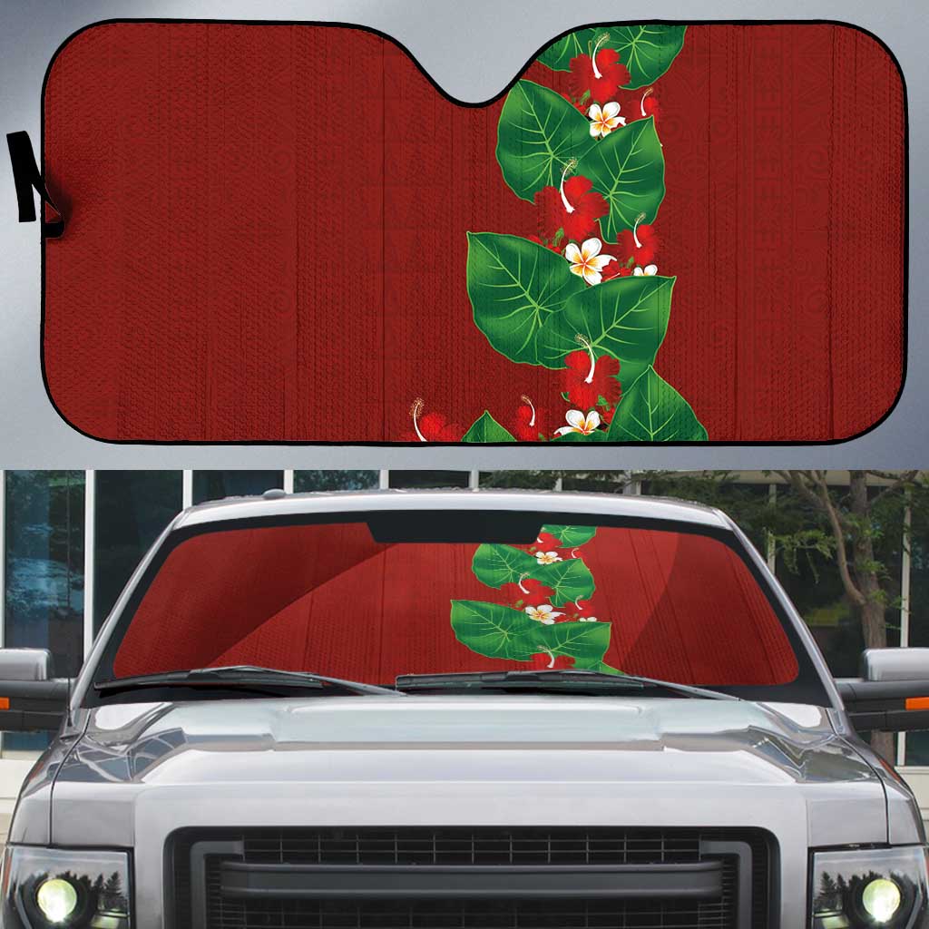 Hawaiian Taro Leaves-Hibiscus and Plumeria Auto Sun Shade Polynesian Art-Kakau Tattoo Red LT03 Red - Polynesian Pride