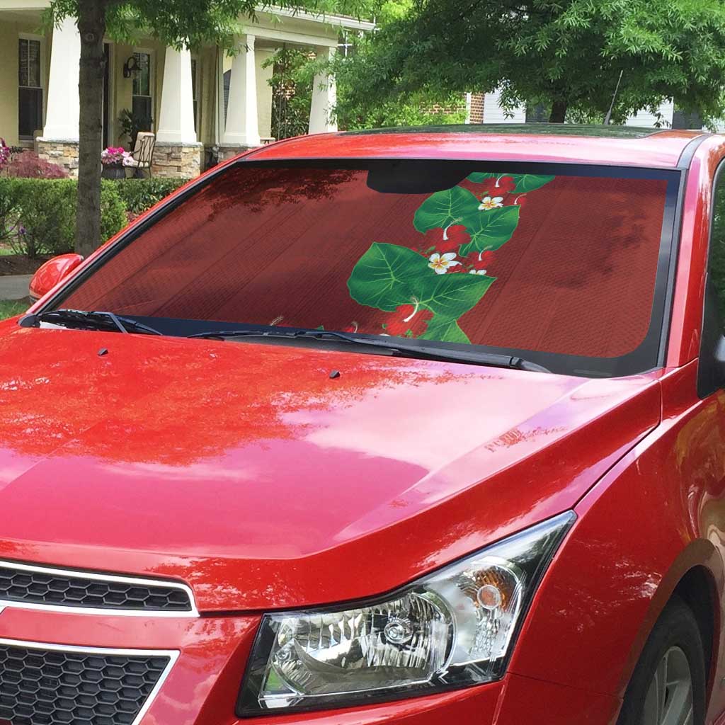Hawaiian Taro Leaves-Hibiscus and Plumeria Auto Sun Shade Polynesian Art-Kakau Tattoo Red LT03 - Polynesian Pride