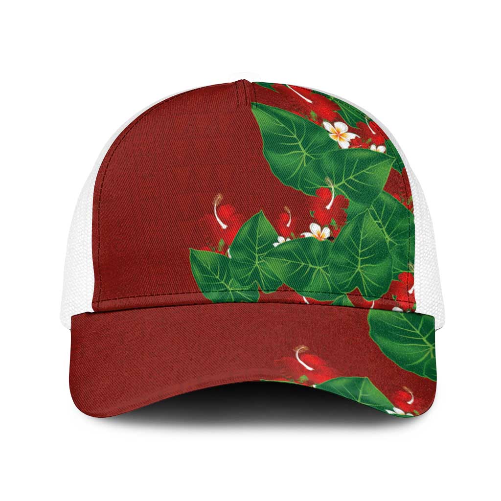 Hawaiian Taro Leaves-Hibiscus and Plumeria Baseball Net Cap Polynesian Art-Kakau Tattoo Red