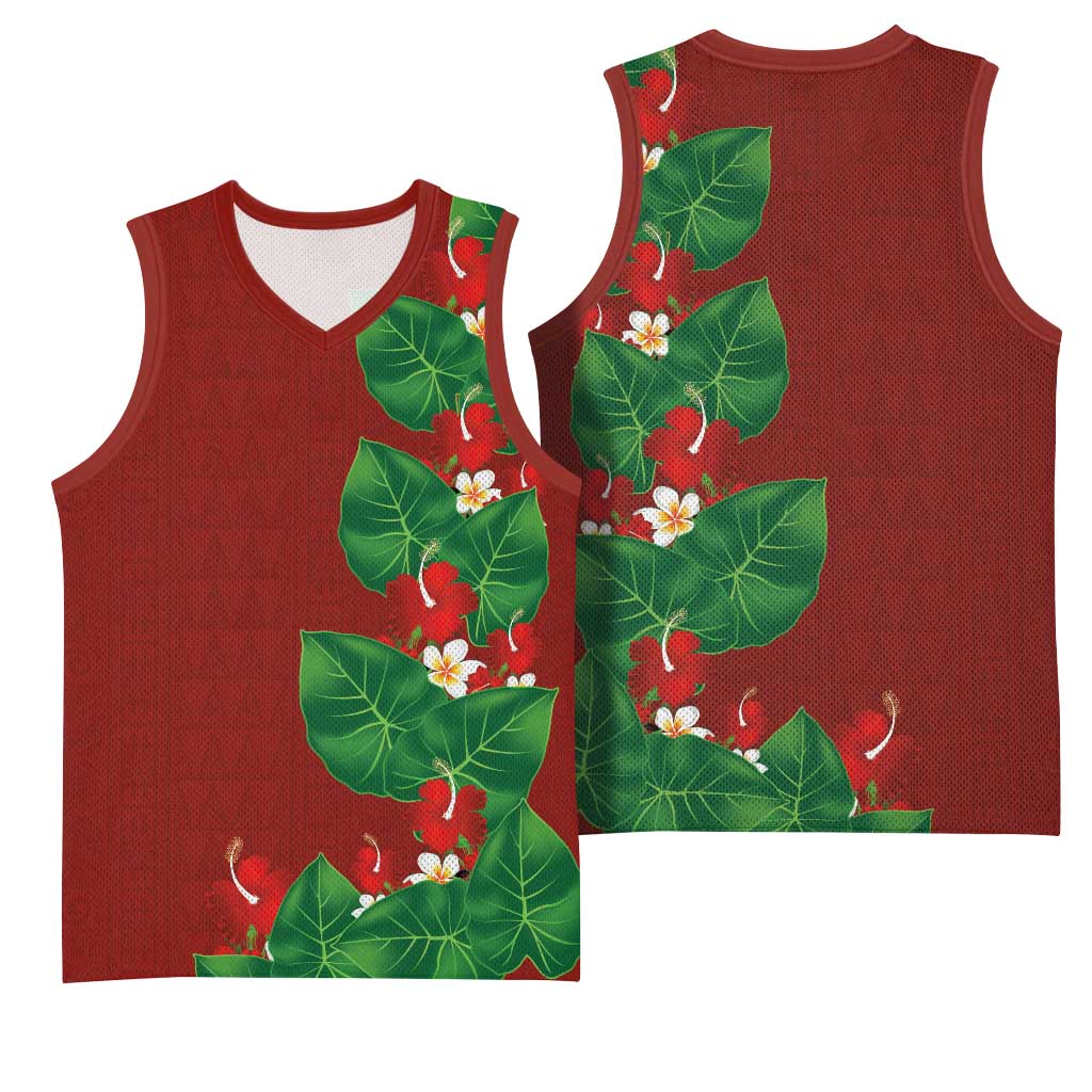 Hawaiian Taro Leaves-Hibiscus and Plumeria Basketball Jersey Polynesian Art-Kakau Tattoo Red LT03 - Polynesian Pride