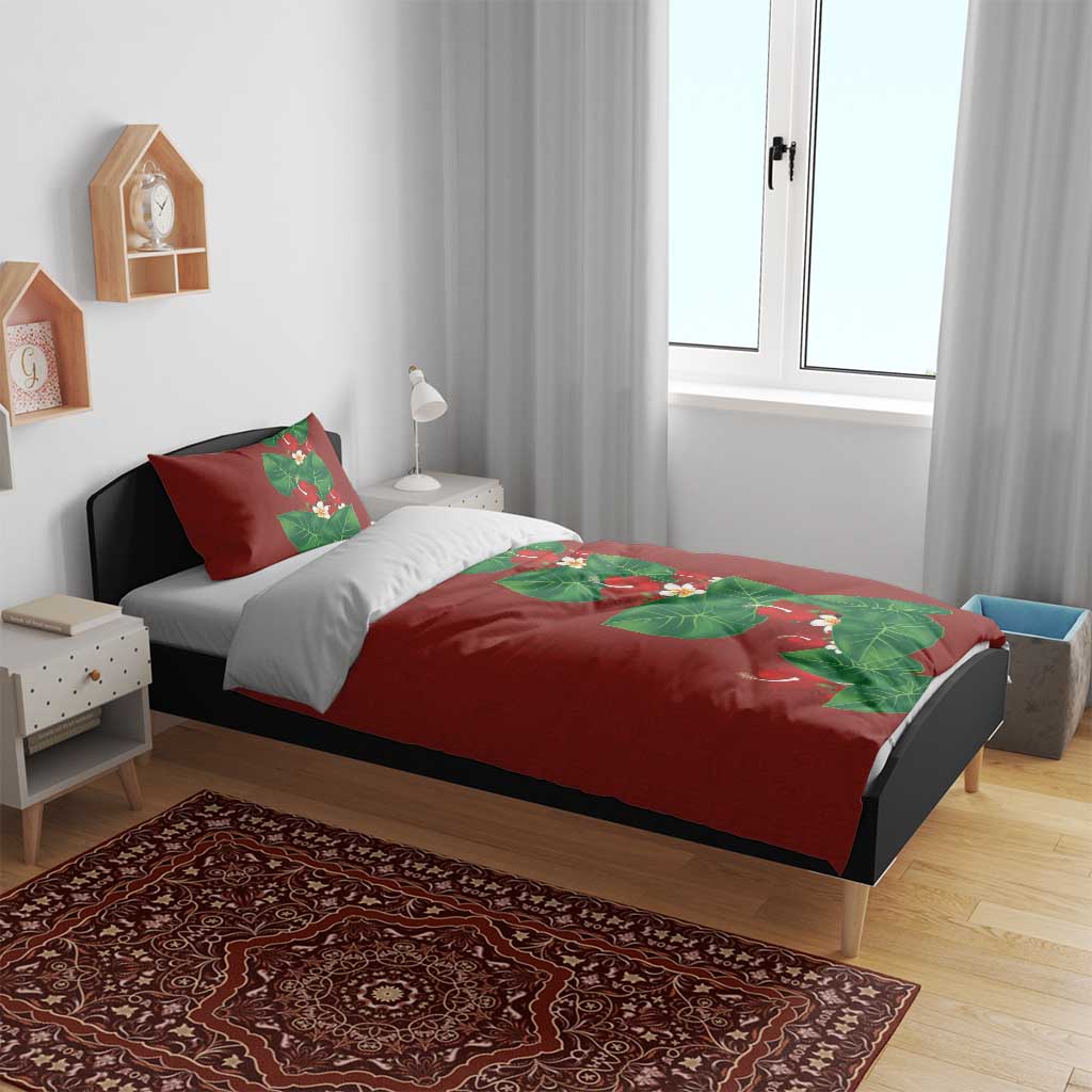 Hawaiian Taro Leaves-Hibiscus and Plumeria Bedding Set Polynesian Art-Kakau Tattoo Red