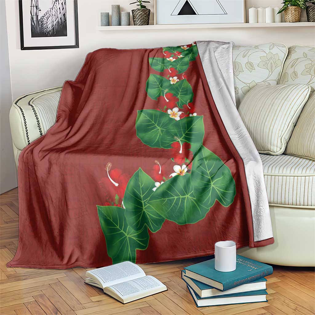 Hawaiian Taro Leaves-Hibiscus and Plumeria Blanket Polynesian Art-Kakau Tattoo Red