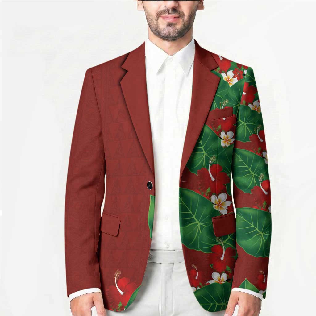 Hawaiian Taro Leaves-Hibiscus and Plumeria Blazer Polynesian Art-Kakau Tattoo Red